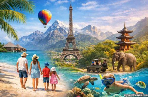 Family vacation collage with beach, Eiffel Tower, safari, and snorkeling scenes