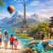 Family vacation collage with beach, Eiffel Tower, safari, and snorkeling scenes
