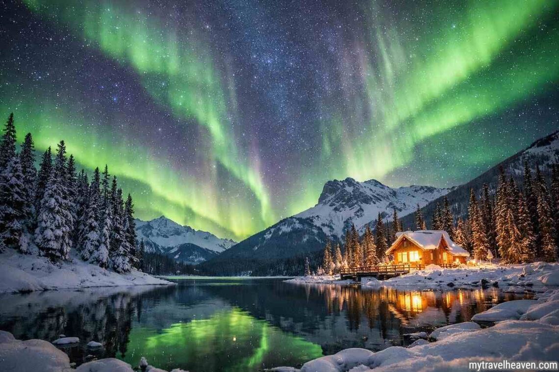 Northern Lights over snowy mountains and cabin by a lake