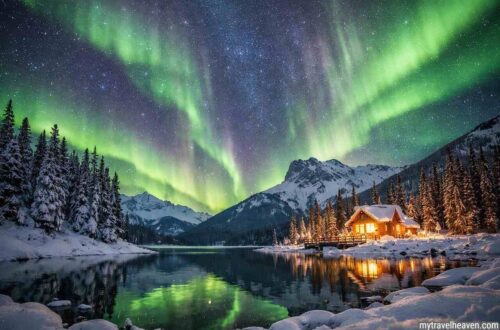 Northern Lights over snowy mountains and cabin by a lake