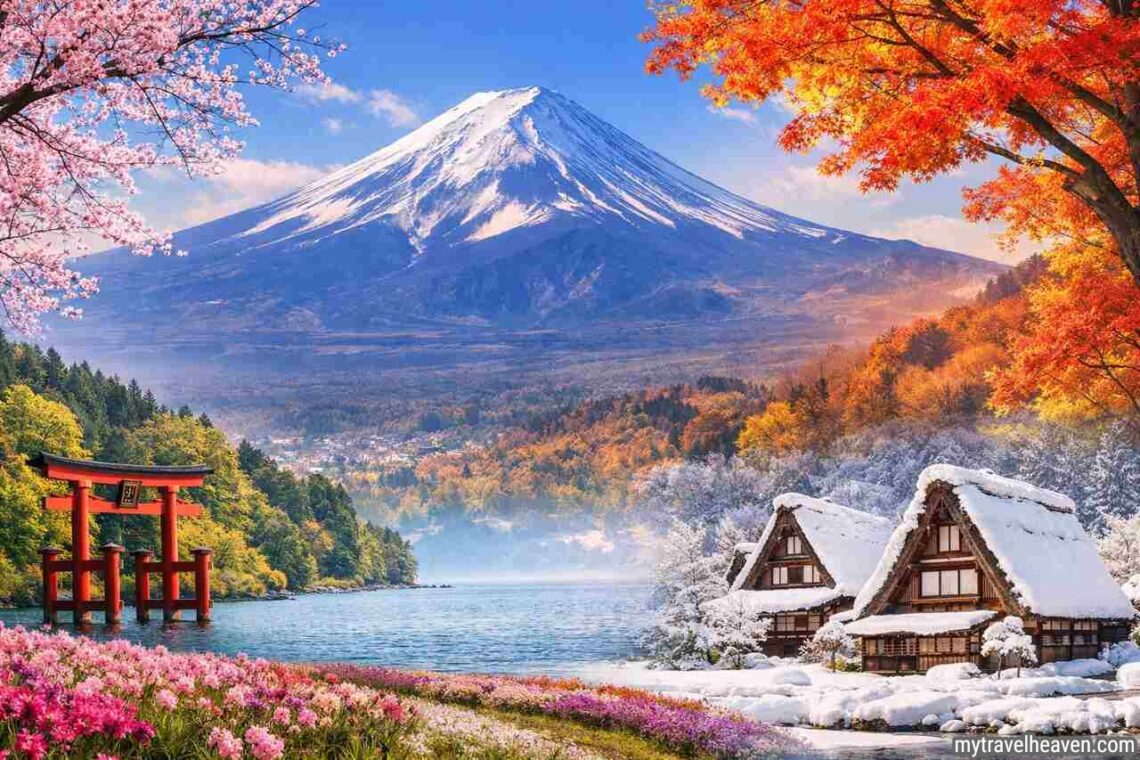 Best time to visit Japan seasonal travel guide with cherry blossoms Mount Fuji autumn leaves and snowy village