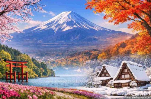 Best time to visit Japan seasonal travel guide with cherry blossoms Mount Fuji autumn leaves and snowy village