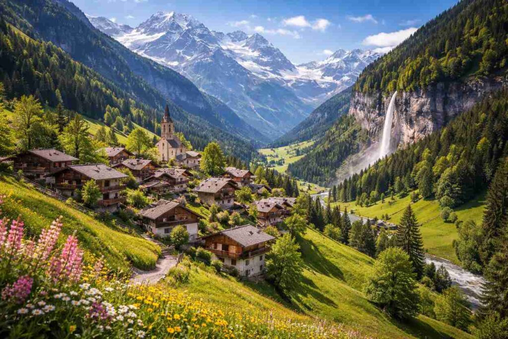 A scenic mountain village with wooden houses surrounded by lush green hills, colorful wildflowers, a flowing river, a tall waterfall, and snow-capped peaks under a clear blue sky.