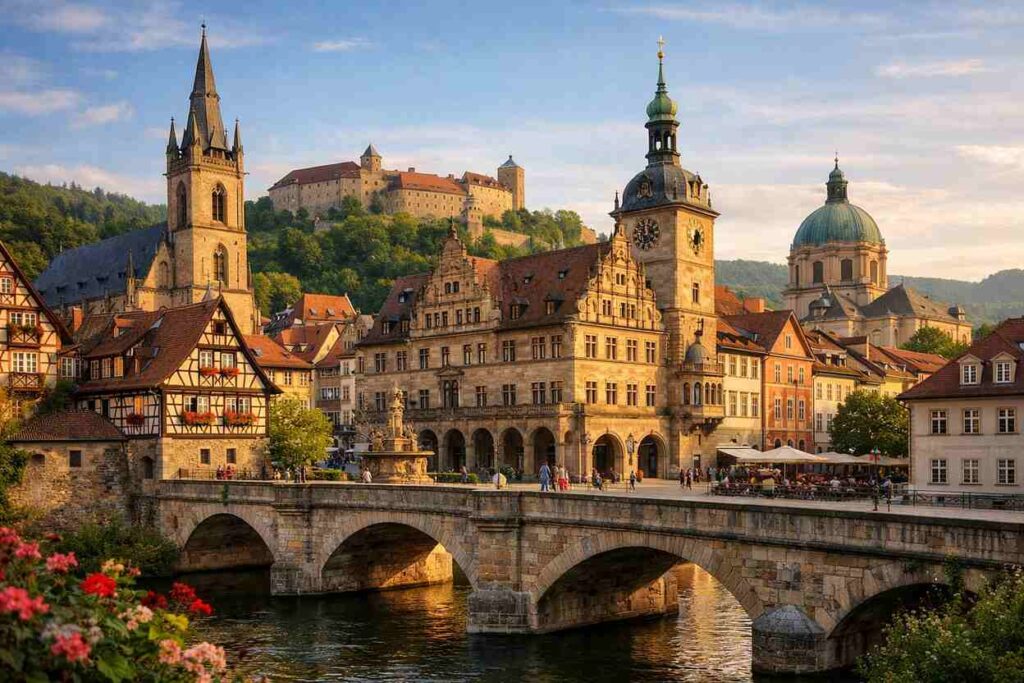 A scenic historic European town featuring ornate architecture, a stone bridge over a calm river, colorful traditional buildings, church towers, and a hilltop castle under warm golden-hour light.