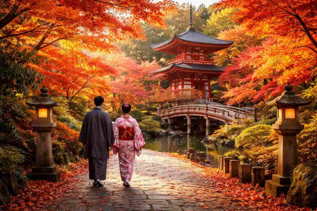 Couple in traditional Japanese clothing walking along a stone path surrounded by vibrant autumn foliage near a red pagoda and wooden bridge.