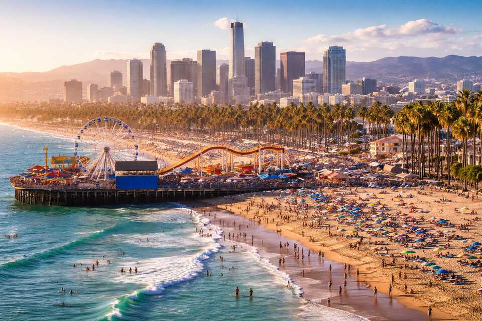 A vibrant view of Los Angeles coastline featuring Santa Monica Pier with a Ferris wheel, crowded sandy beach, palm trees, and the city skyline glowing at sunset.