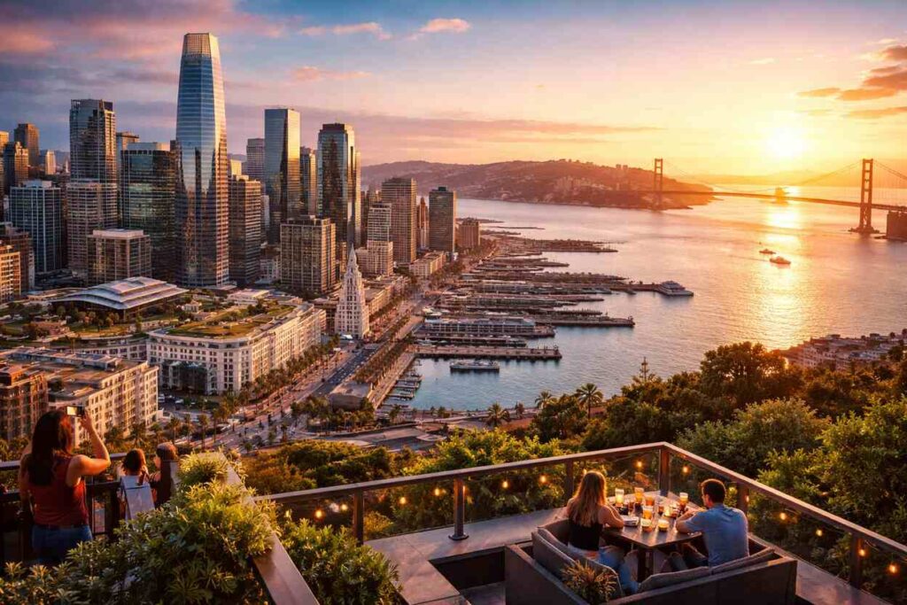 A scenic sunset view of San Francisco skyline featuring modern skyscrapers, waterfront marina, and the Golden Gate Bridge in the background, with people relaxing on a rooftop terrace.