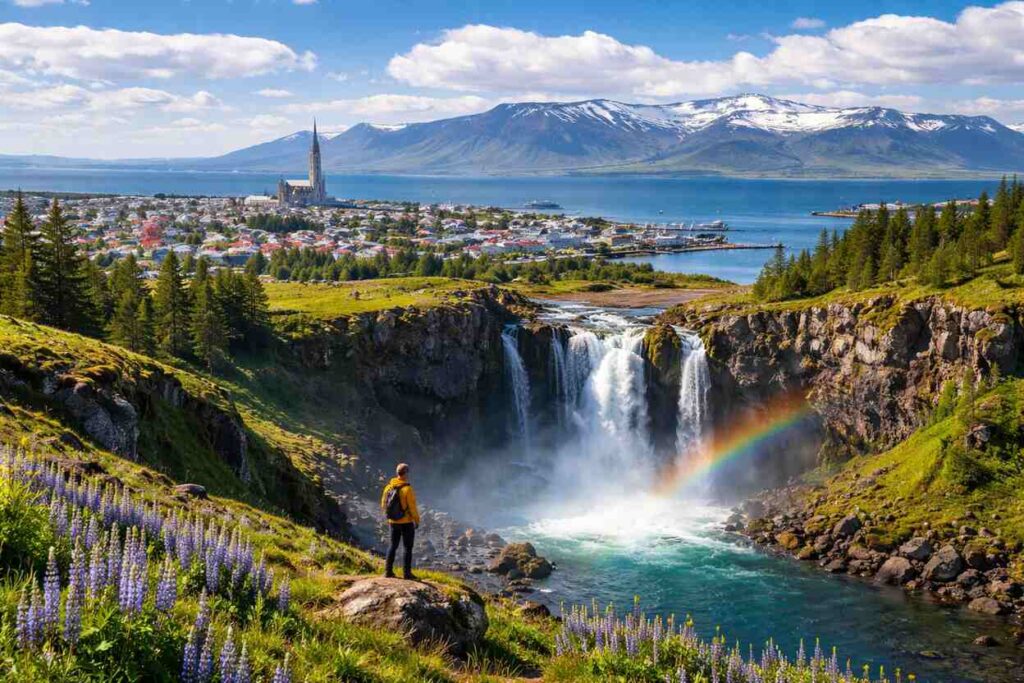 Scenic view of Reykjavík with colorful rooftops, a waterfall in the foreground, and snow-capped mountains under a clear blue sky.