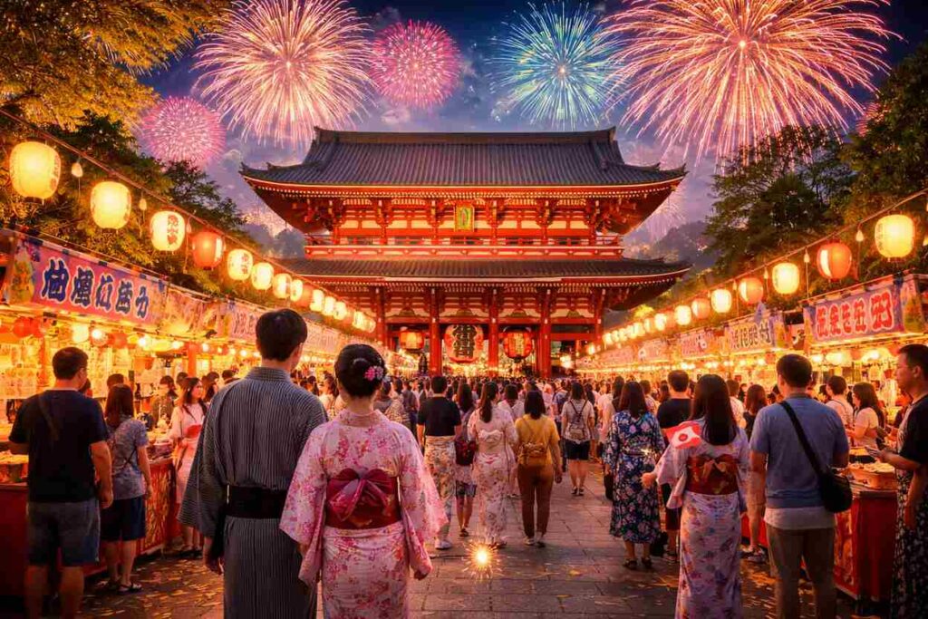 Crowd enjoying a vibrant night festival with fireworks above a traditional temple and lantern-lit market stalls.