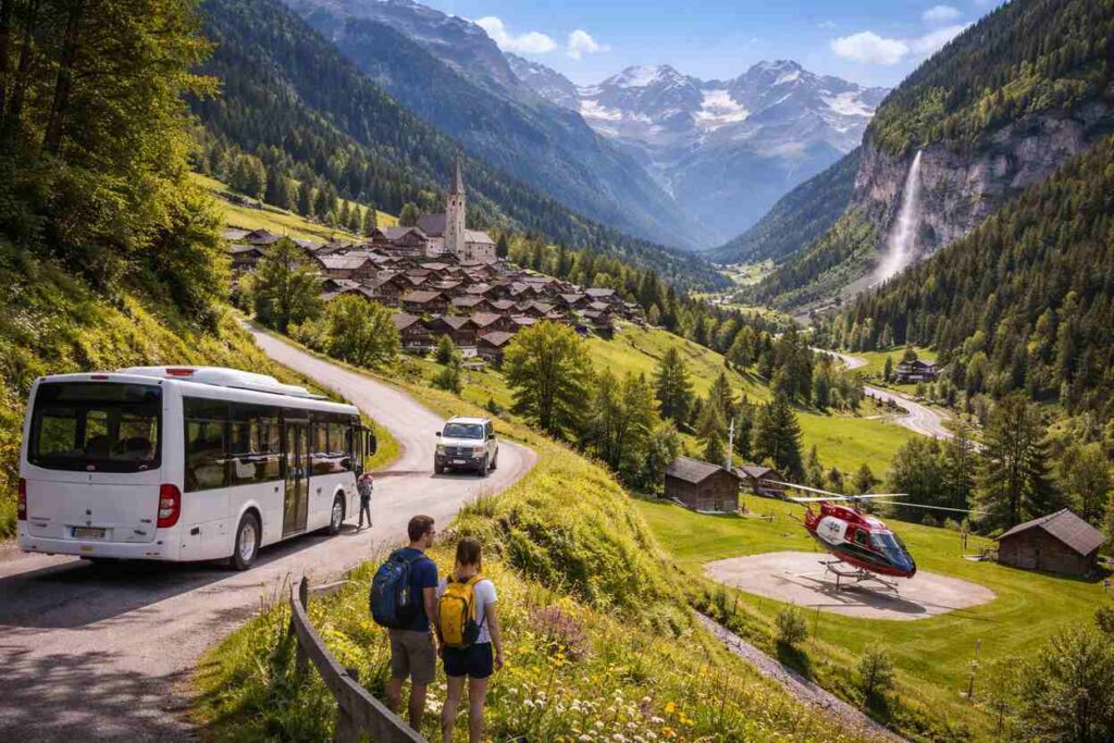 A remote mountain village with a shuttle bus, off-road vehicle, and helicopter, surrounded by green hills, winding roads, and snow-capped mountains.