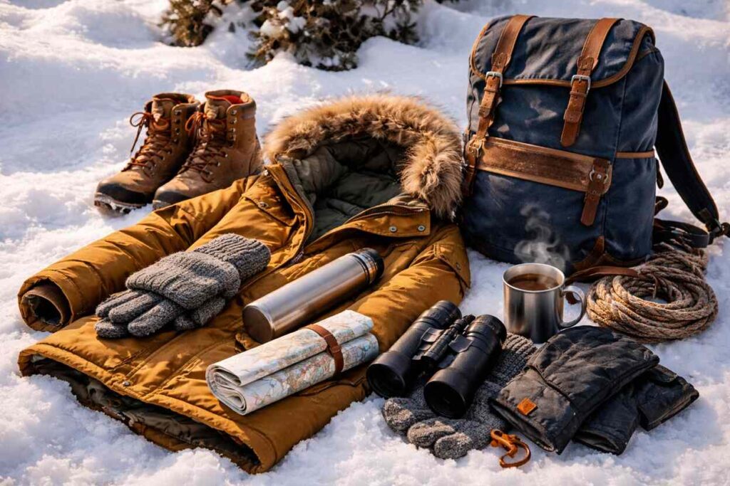 Winter gear including a warm jacket, boots, gloves, backpack, thermos, and binoculars arranged on snow outdoors.