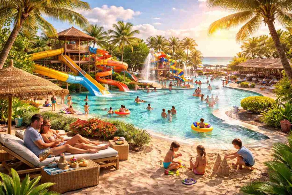Tropical family resort with water slides, swimming pools, palm trees, and families relaxing and playing by the beach.