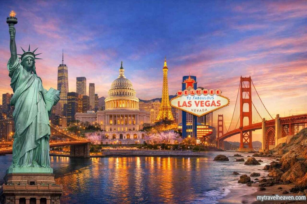Top Must-Visit Cities in the USA for First-Time Visitors Top must-visit cities in the USA featuring iconic landmarks