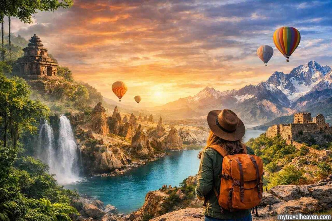 Off-the-beaten-path destinations travel collage with mountains, balloons, and jungle waterfall