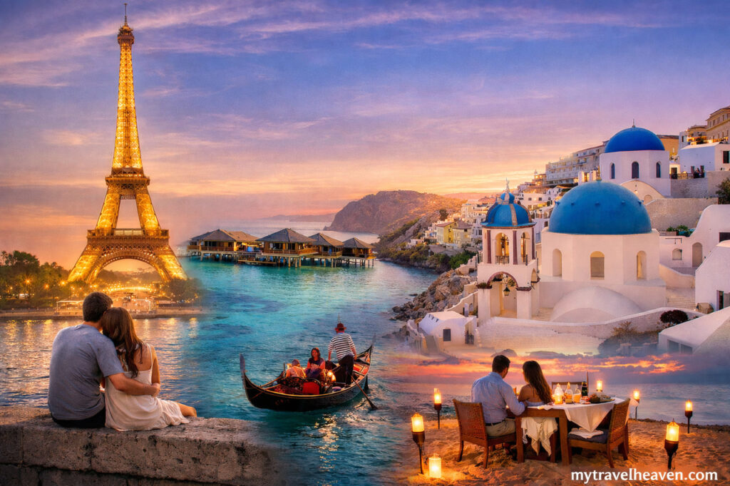 Top Romantic Getaways for Couples Worldwide: Paris, Bali, and Beyond "Romantic getaway destinations including Paris, Maldives, Santorini, Venice, and a beach dinner in Bali.