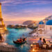 "Romantic getaway destinations including Paris, Maldives, Santorini, Venice, and a beach dinner in Bali.