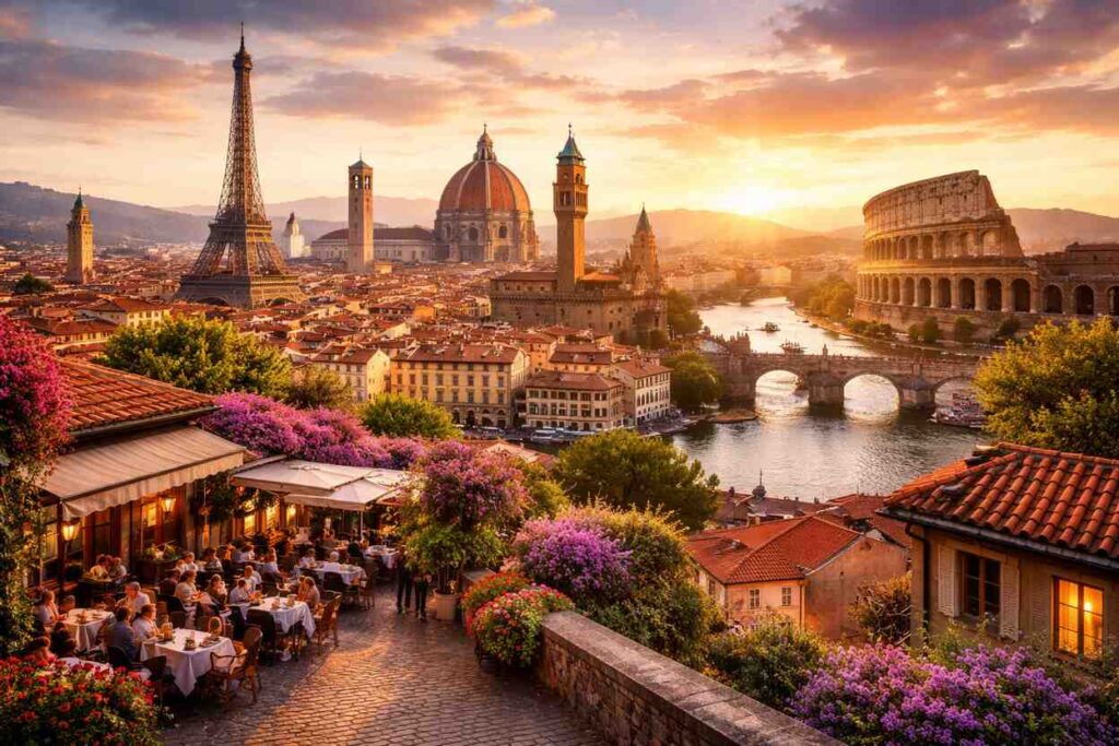 Panoramic European cityscape at sunset featuring iconic landmarks, historic architecture, river bridges, and a lively outdoor café scene.