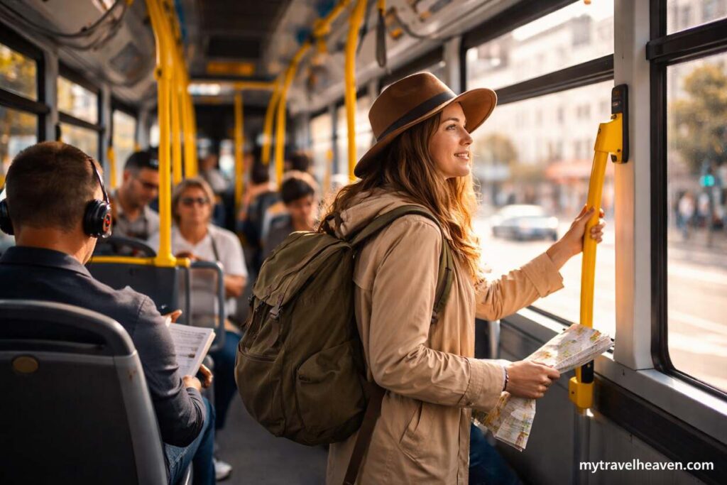 A traveler with a backpack standing inside a city bus, holding a map and enjoying the view while using public transportation instead of a taxi.