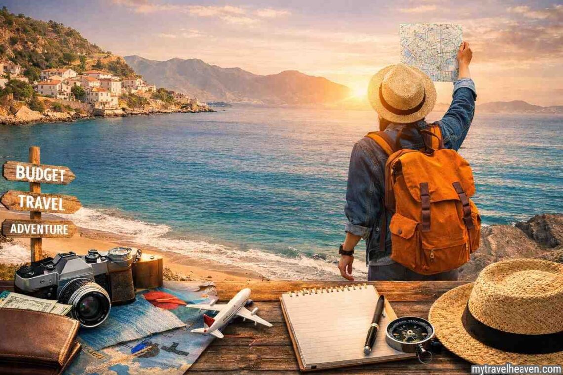 Budget travel tips featured image with backpacker, map, and travel essentials