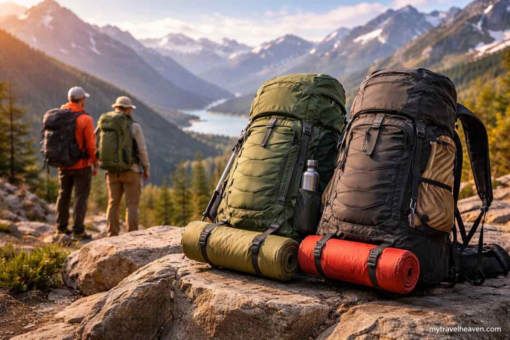 Extra-large expedition backpacks (70L+) placed on a rocky mountain viewpoint with hikers and a scenic valley and lake in the background.