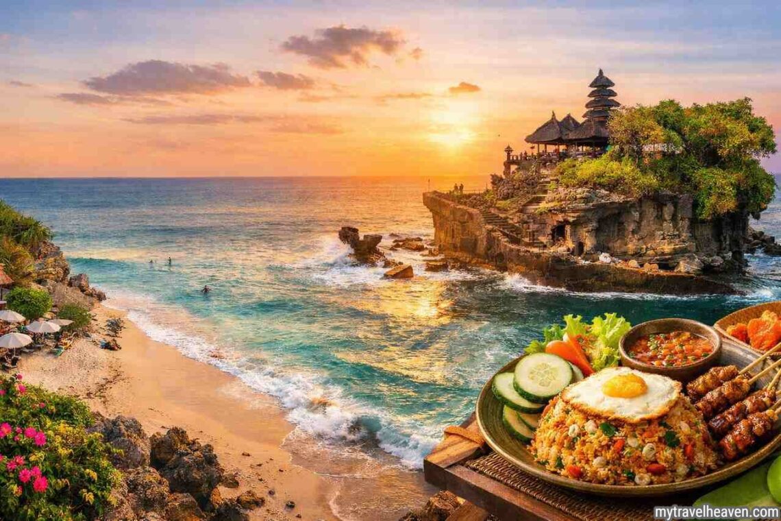 Bali beach, temple, and Indonesian food at sunset.
