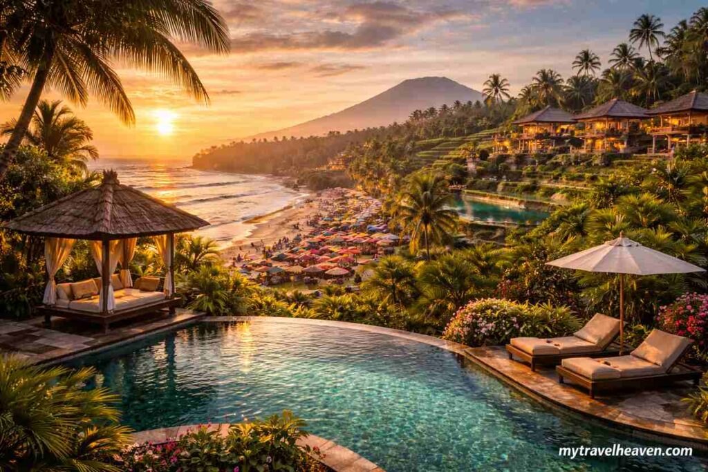 Luxury beachfront resort with infinity pool overlooking a tropical coastline, palm trees, hillside villas, and a vibrant beach at sunset.