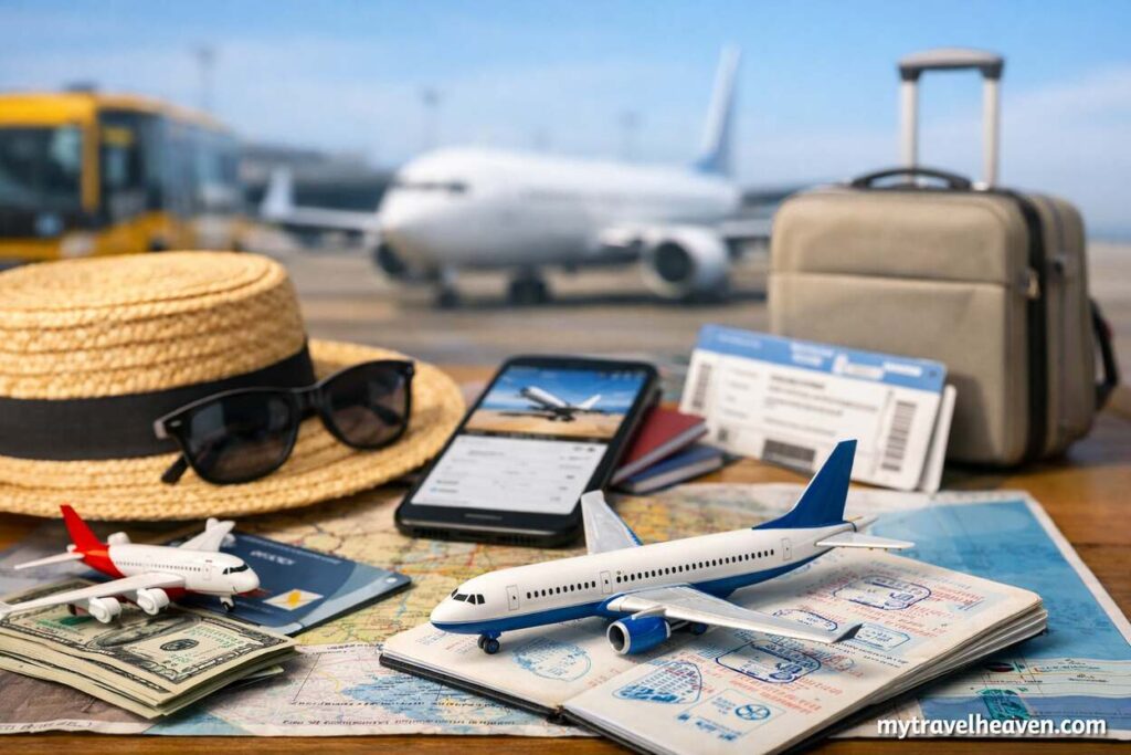 Budget travel concept with airplane model, passport, boarding pass, suitcase, and smartphone showing flight booking at airport.