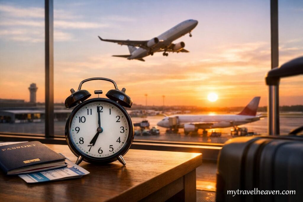 A realistic airport scene at sunset showing an airplane taking off, a vintage alarm clock on a table with a passport and boarding passes, symbolizing booking flights at the right time for savings.