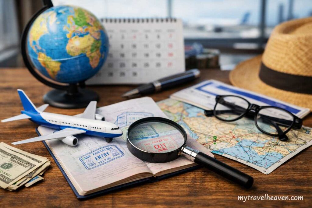 Travel planning setup with passport, visa stamps, magnifying glass, map, airplane model, and globe showing preparation before booking flights.