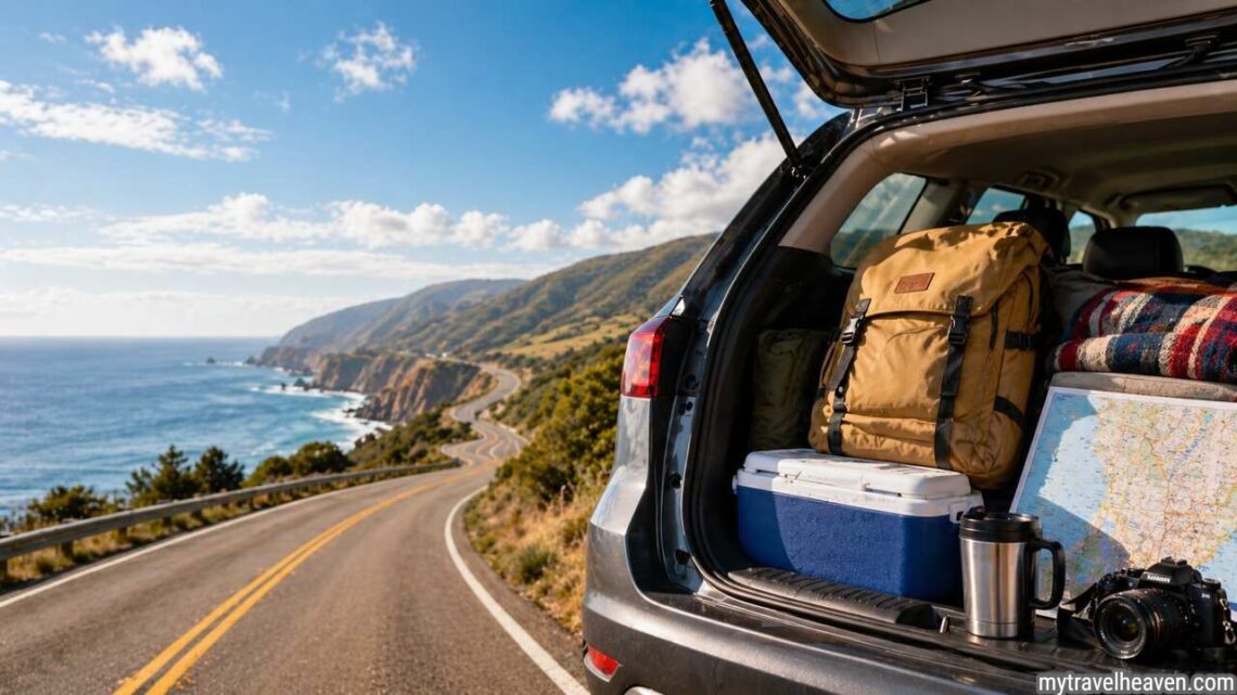 Road trip checklist with packed car essentials on a scenic highway.