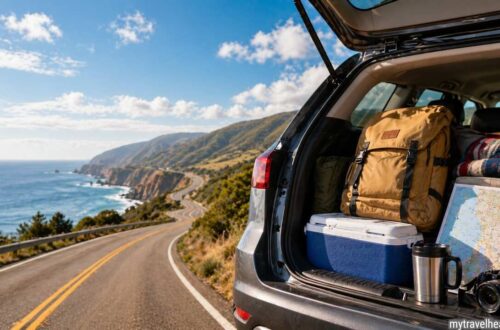 Road trip checklist with packed car essentials on a scenic highway.
