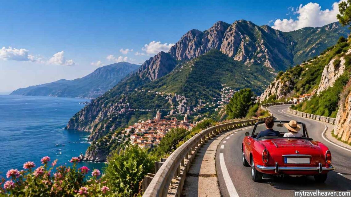 European road trip on scenic coastal highway with vintage car.