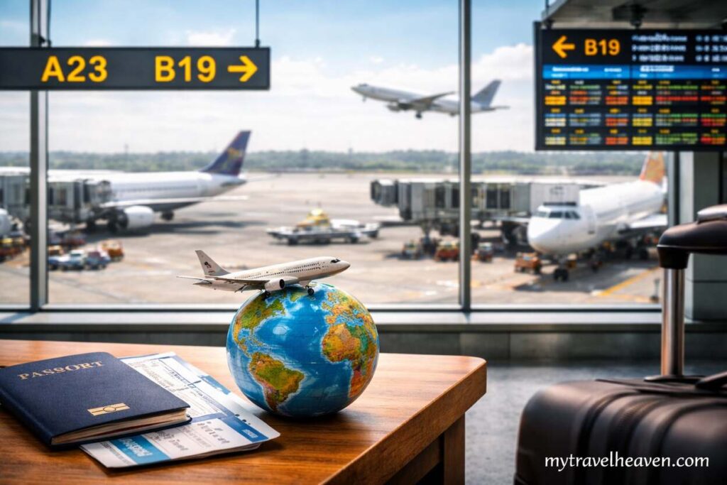 Airport terminal scene with airplanes, a globe with a model plane, passport, and boarding passes on a table, illustrating the concept of booking connecting flights instead of direct routes.