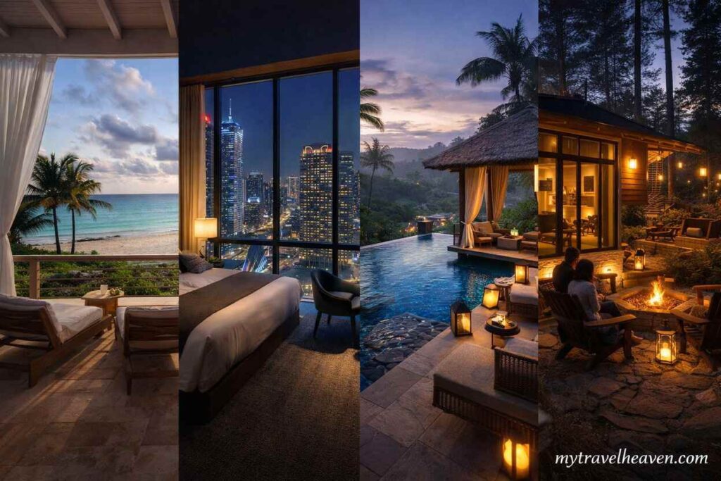 Collage of boutique hotel styles including beachfront balcony, modern city room with skyline view, tropical villa with pool, and cozy forest cabin with fire pit.