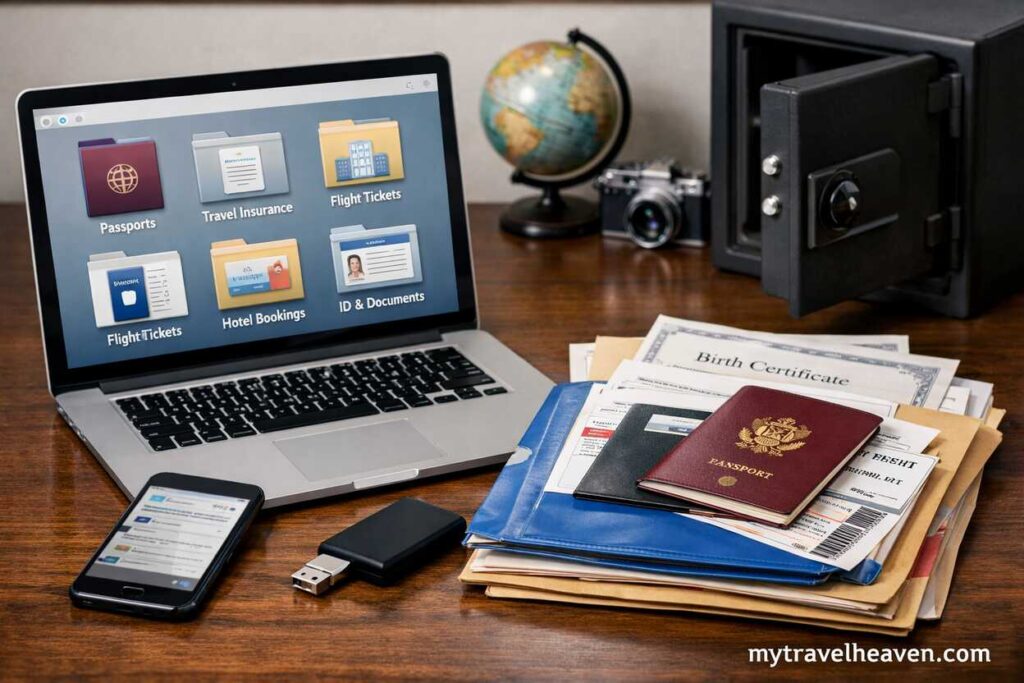 Laptop displaying digital travel documents alongside physical documents like passport, tickets, and certificates on a wooden desk with a safe in the background.