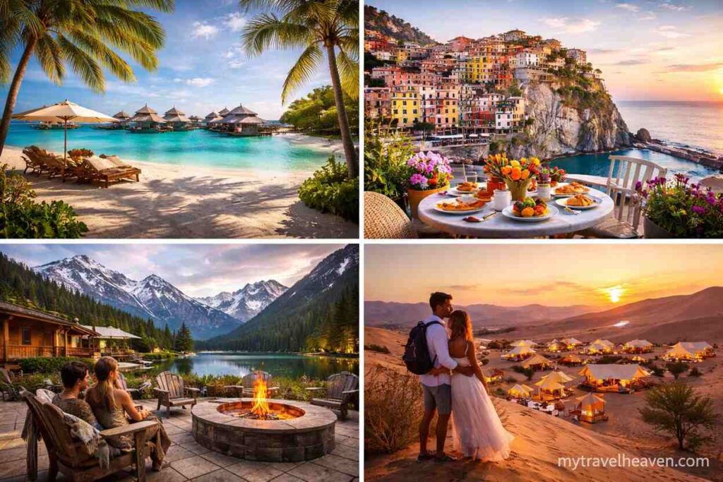 Collage of diverse travel destinations including a tropical beach, coastal European village, mountain lake retreat, and desert camp at sunset.