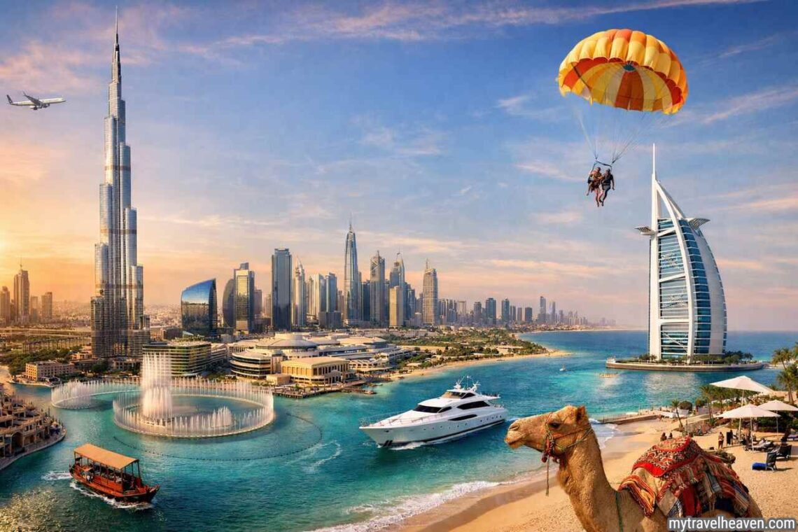 Dubai skyline with Burj Khalifa, Burj Al Arab, beach, and travel activities.