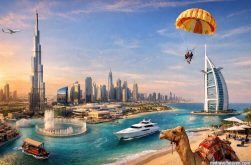 Dubai skyline with Burj Khalifa, Burj Al Arab, beach, and travel activities.
