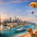 Dubai skyline with Burj Khalifa, Burj Al Arab, beach, and travel activities.