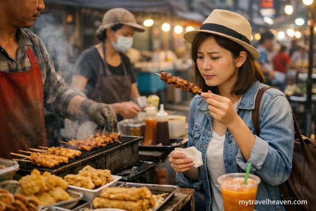 Woman carefully inspecting grilled street food skewer at a busy outdoor market with vendor cooking in the background.