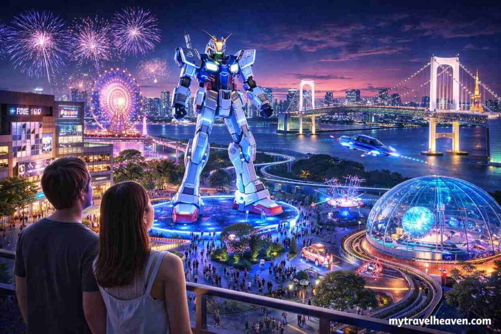 A vibrant futuristic evening scene in Odaiba, Tokyo, featuring a giant illuminated robot statue, colorful fireworks in the sky, glowing city lights, and visitors enjoying modern attractions near the waterfront.