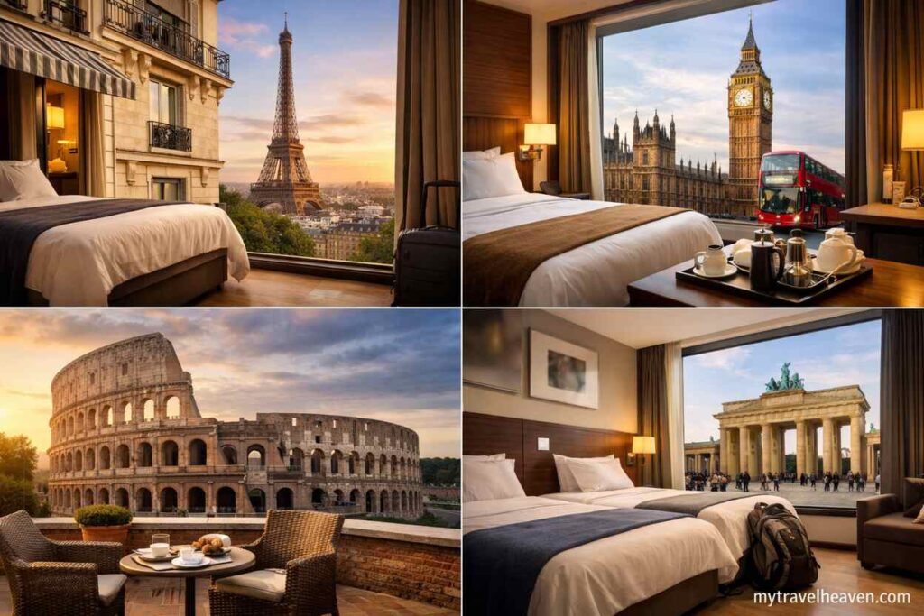 Collage of budget hotel rooms in major European cities featuring views of the Eiffel Tower in Paris, Big Ben in London, the Colosseum in Rome, and the Brandenburg Gate in Berlin, with mytravelheaven.com displayed in the corner.