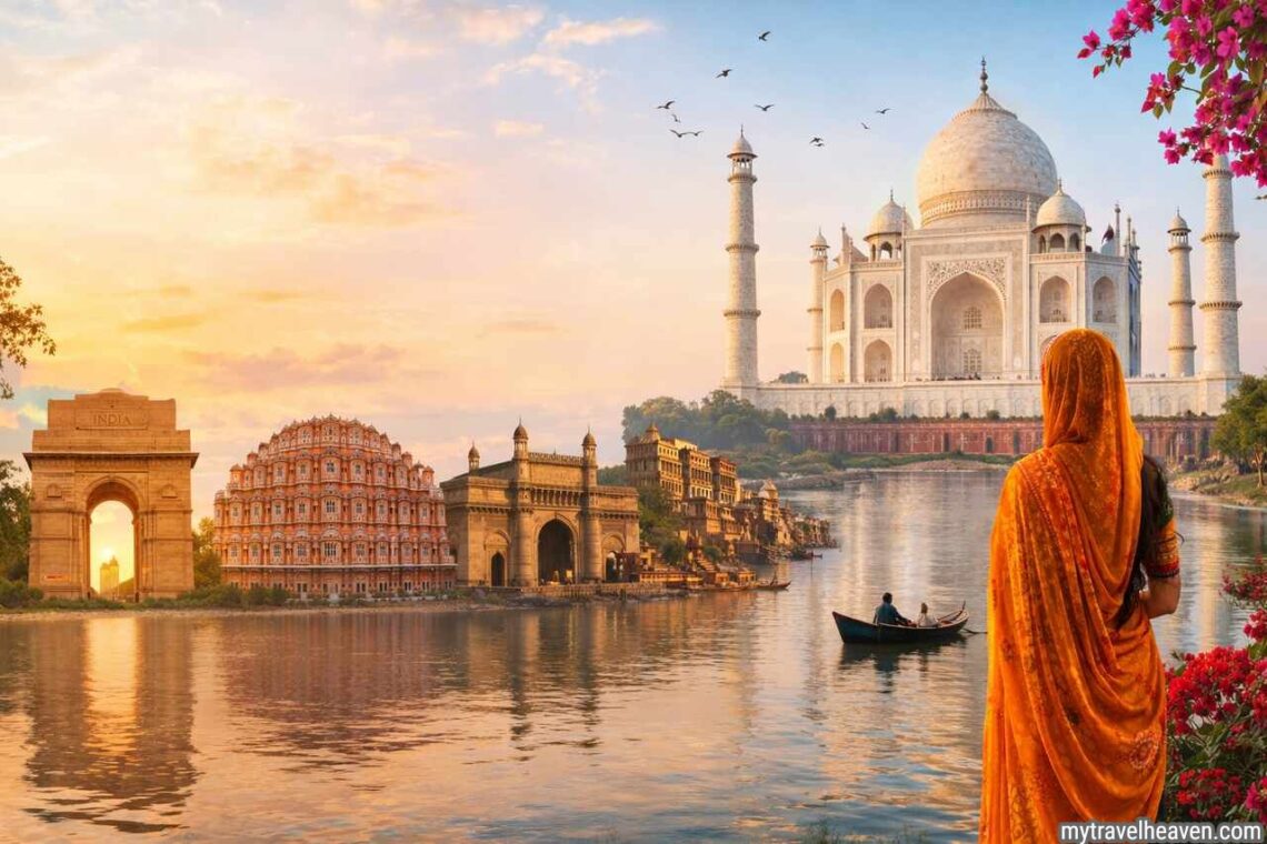 India travel guide with Taj Mahal and cultural landmarks.