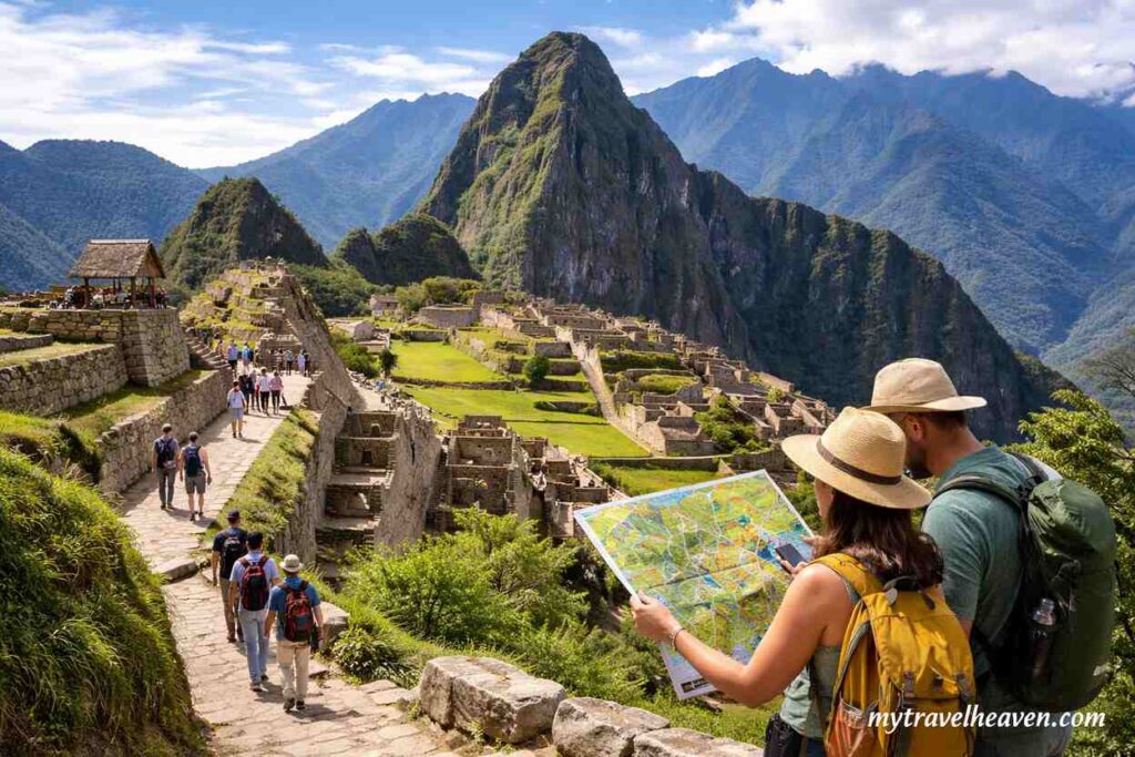 Tourists navigating Machu Picchu circuits with map while walking along ancient stone pathways and terraces in the Andes mountains.