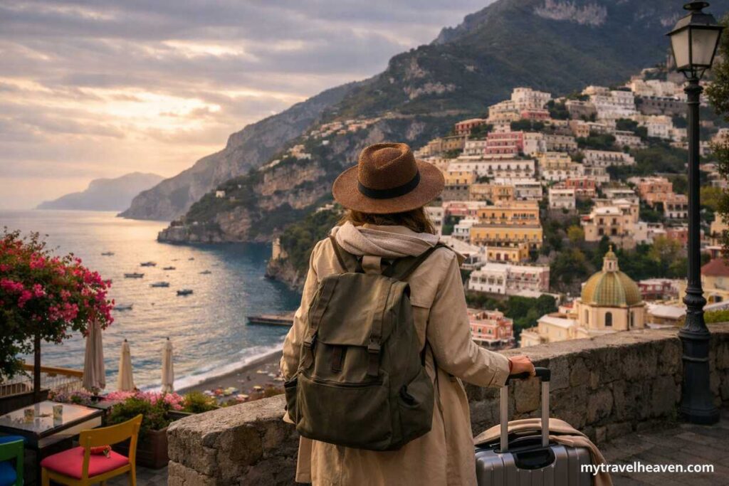 A traveler with a backpack and suitcase overlooking a coastal town during a peaceful off-season sunset, with fewer crowds and calm surroundings.