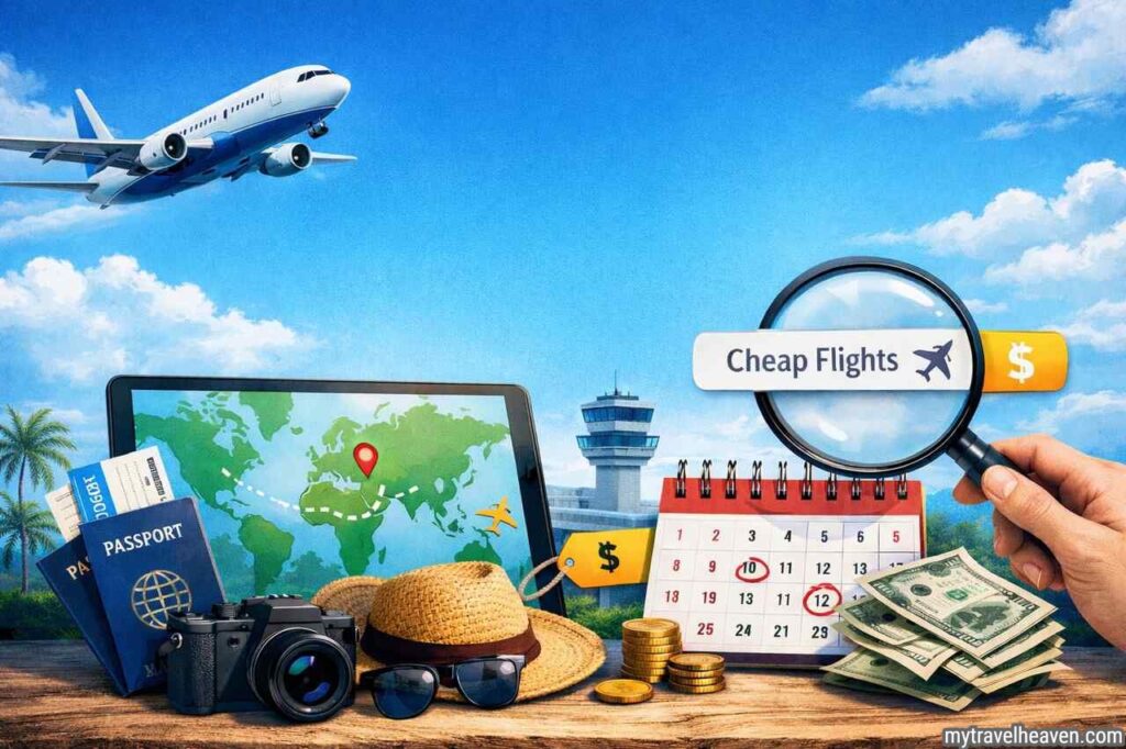 How to Find Cheap Flights Every Time Cheap flights search concept with airplane and travel tools.