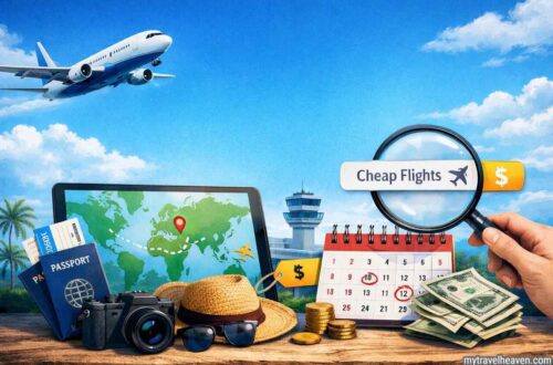 Cheap flights search concept with airplane and travel tools.