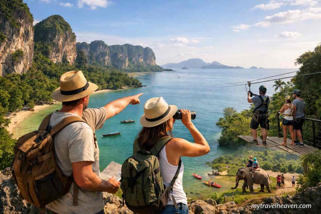 Adventurous couple overlooking a tropical coastline, planning outdoor activities like ziplining, kayaking, and exploring beyond the resort.