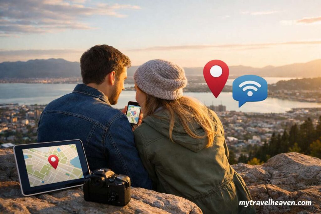 A couple sits on a hill overlooking a city at sunset, using a smartphone with a map to share their location, with travel gear nearby and connectivity icons in the scene.