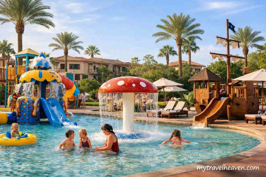 Family-friendly resort with kids playing in a shallow pool, colorful water slides, and a playground area, designed for children and parents to enjoy together.